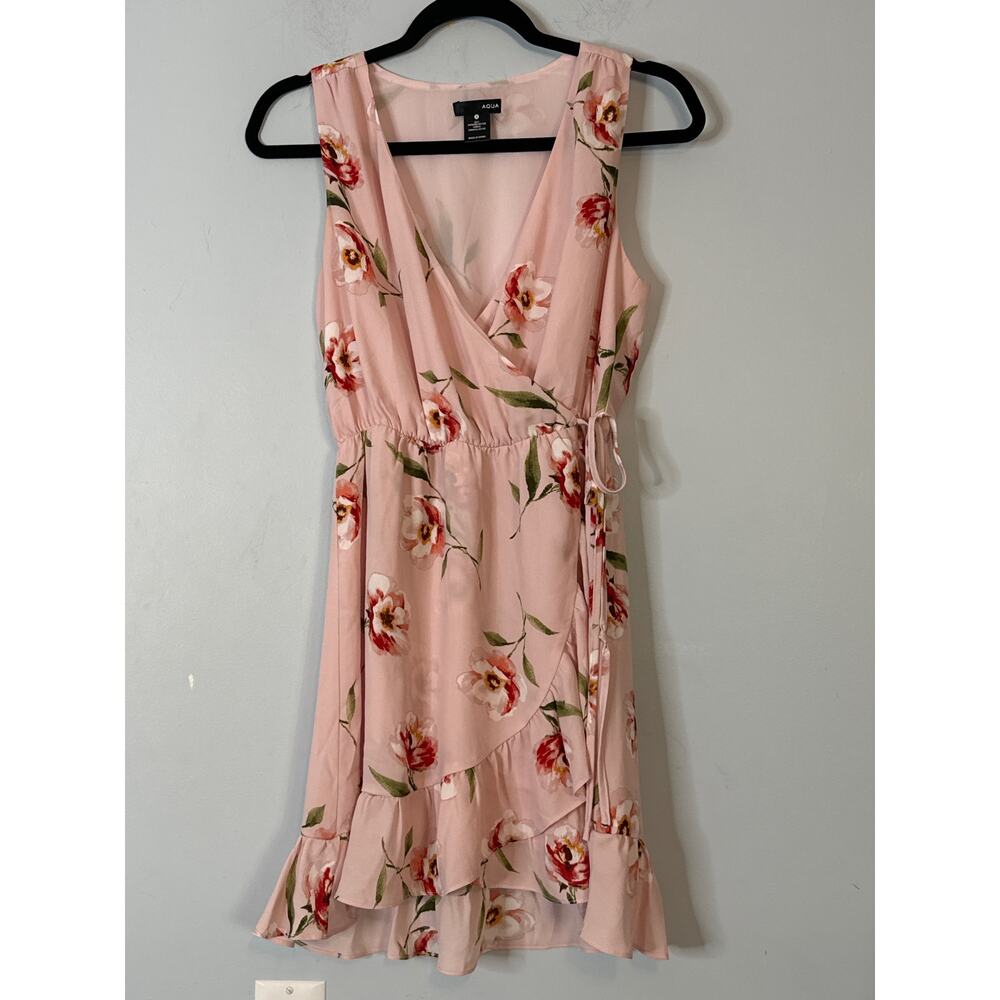 Aqua Floral Ruffle Faux Wrap Dress Blush V Neck Sleeveless Small